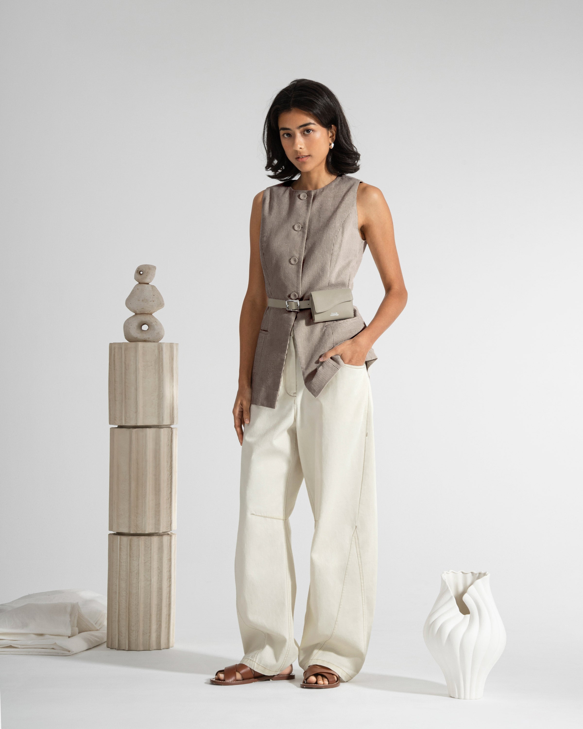 Desert Sand Stripe Striped Waistcoat Womens Long Vest Striped Future Classic Clothing
