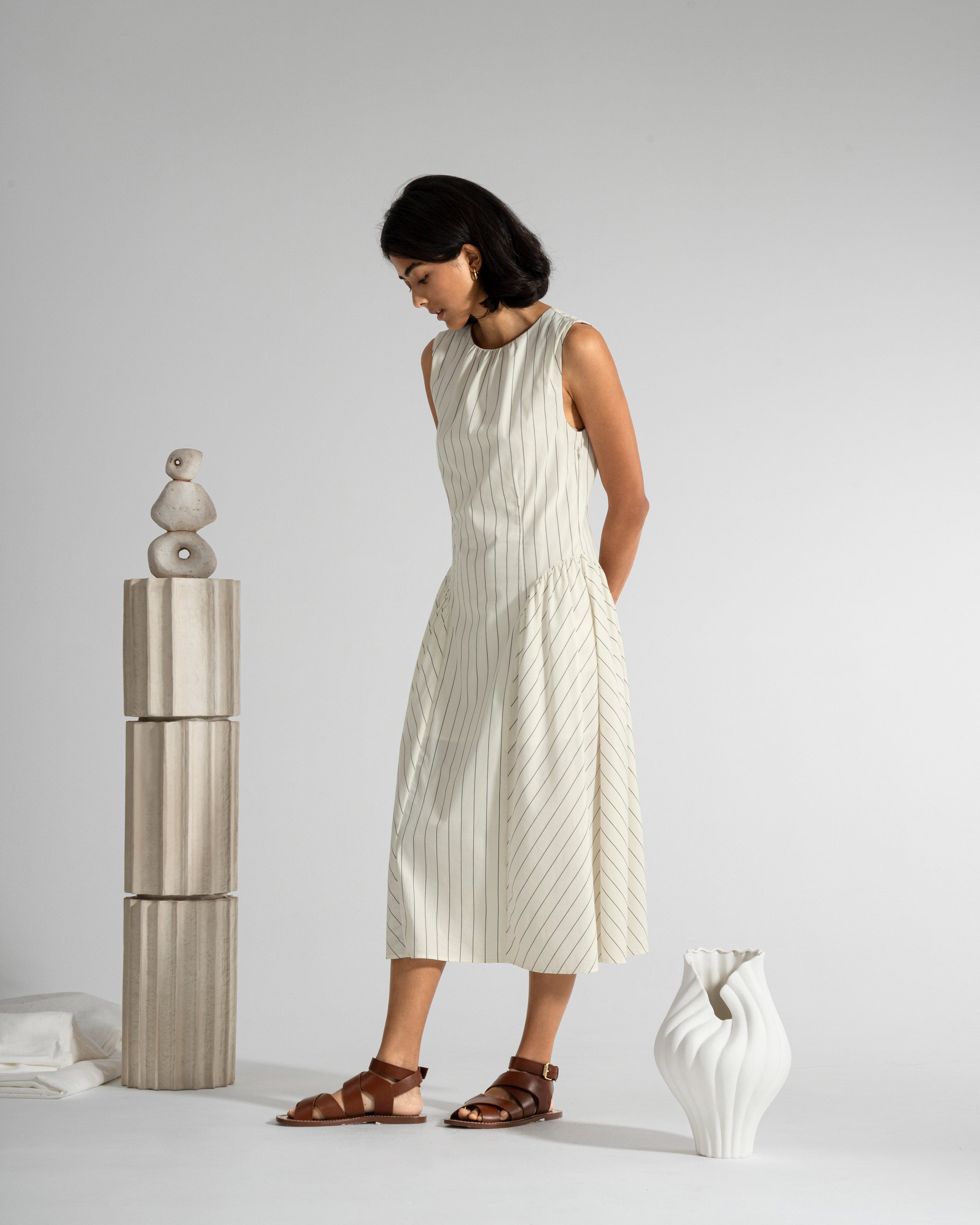 Seedpearl/ Moonless Night Stripe Panel Flared Dress Striped Long Dress Sleeveless Future Classics 