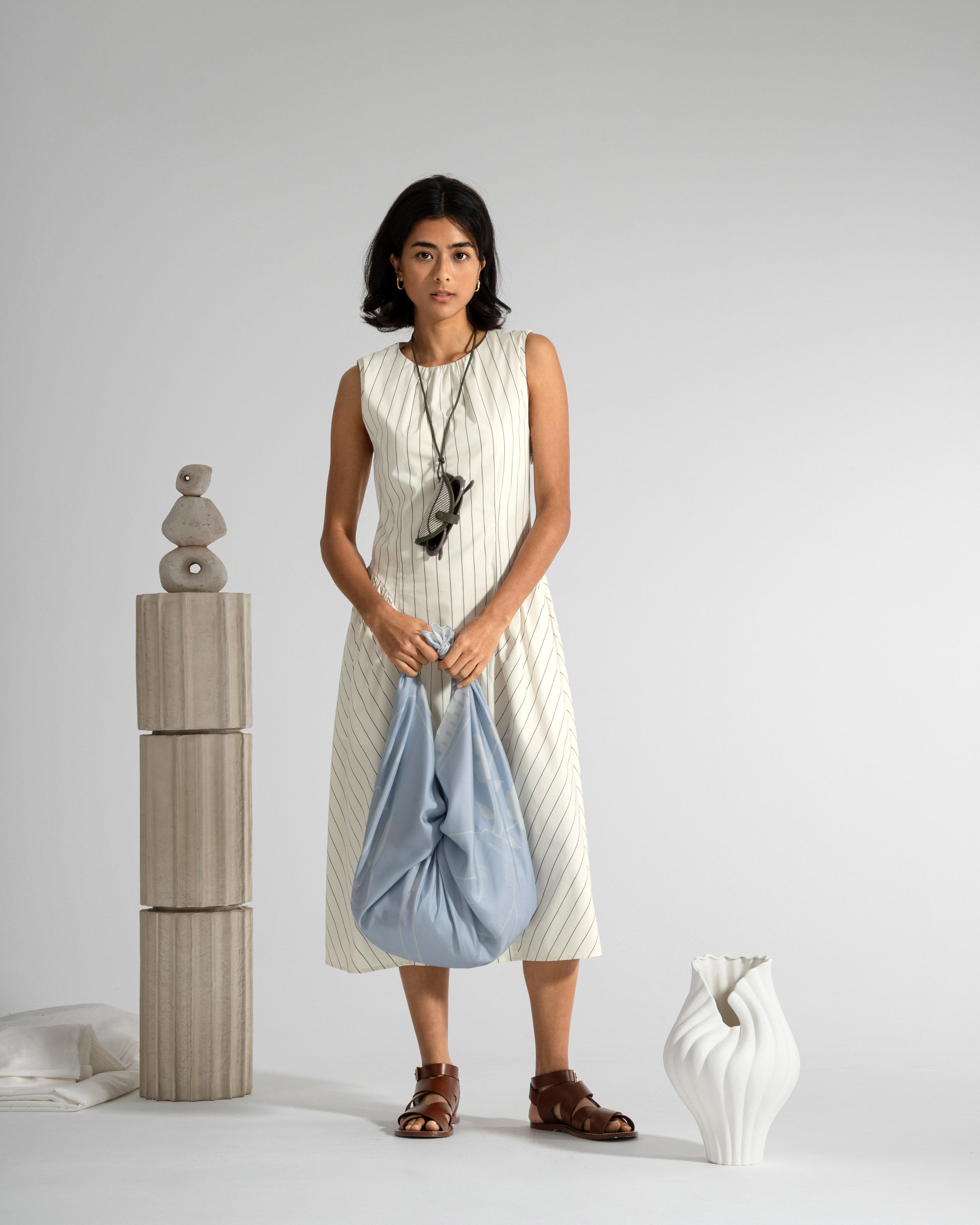 Seedpearl/ Moonless Night Stripe Panel Flared Dress Striped Long Dress Sleeveless Future Classics 
