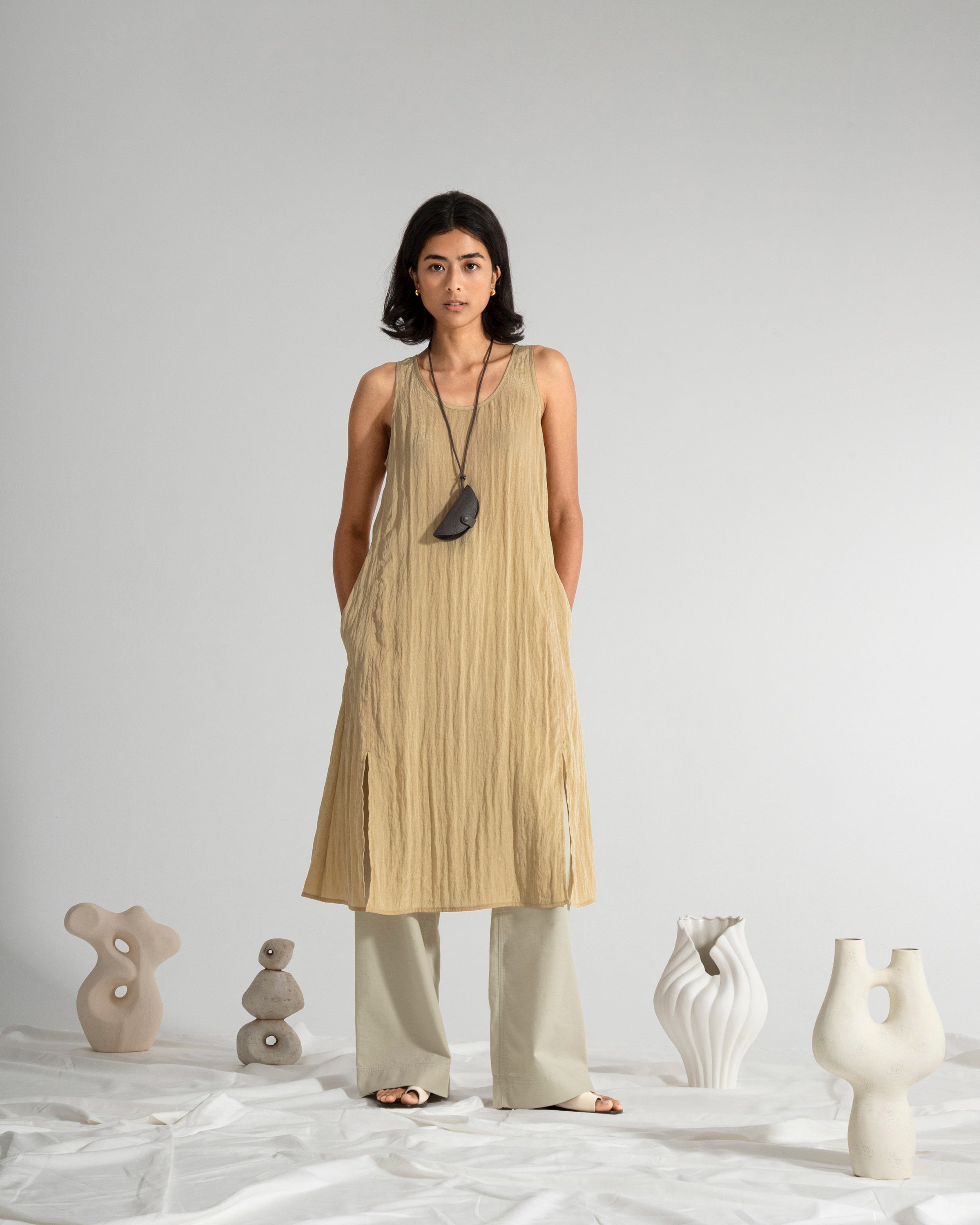 Desert Sand Crinkle Slit DressWomens Sleeveless Long Dress Crinkle Cut Texture Womens Long Dress 