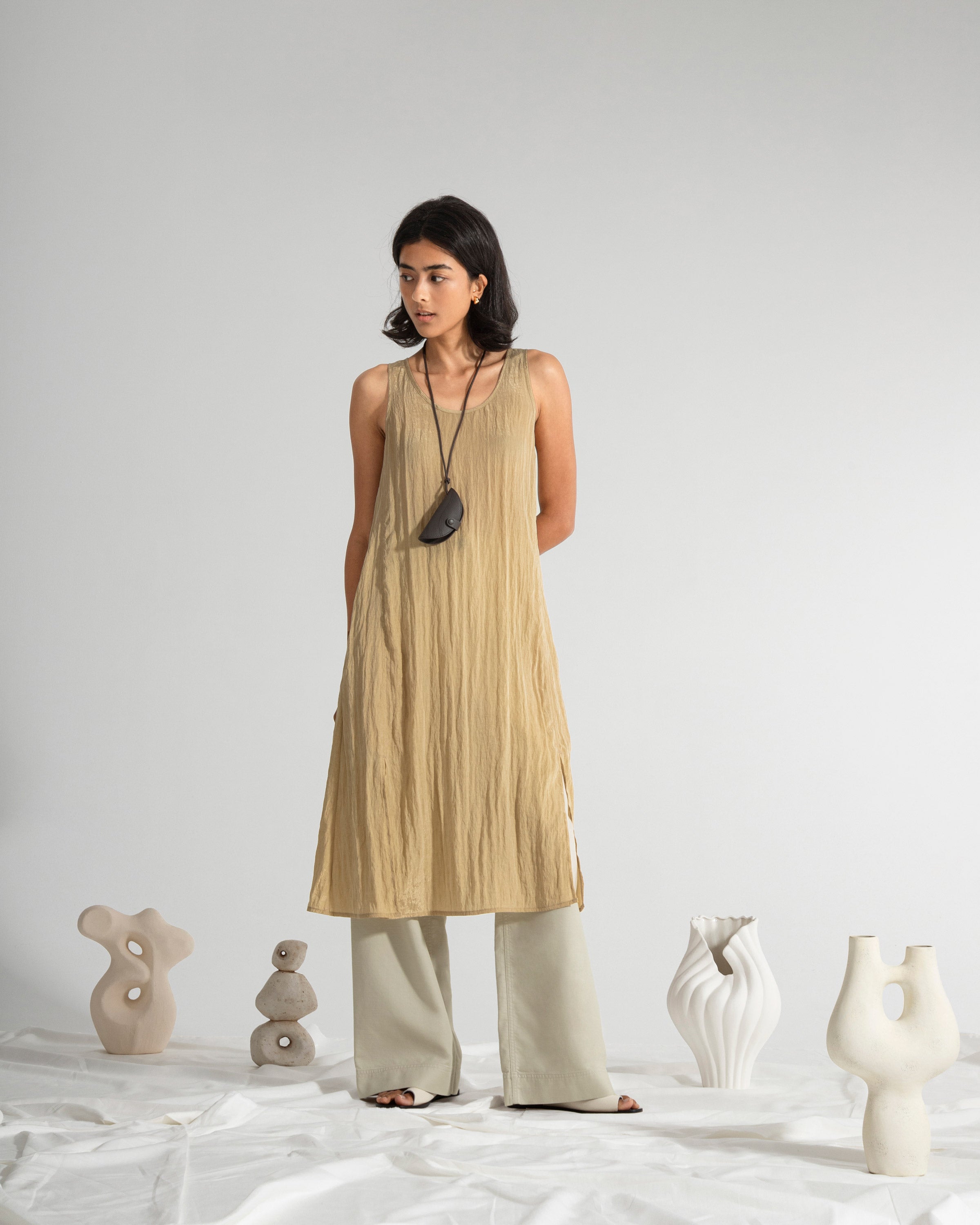 Desert Sand Crinkle Slit DressWomens Sleeveless Long Dress Crinkle Cut Texture Womens Long Dress 