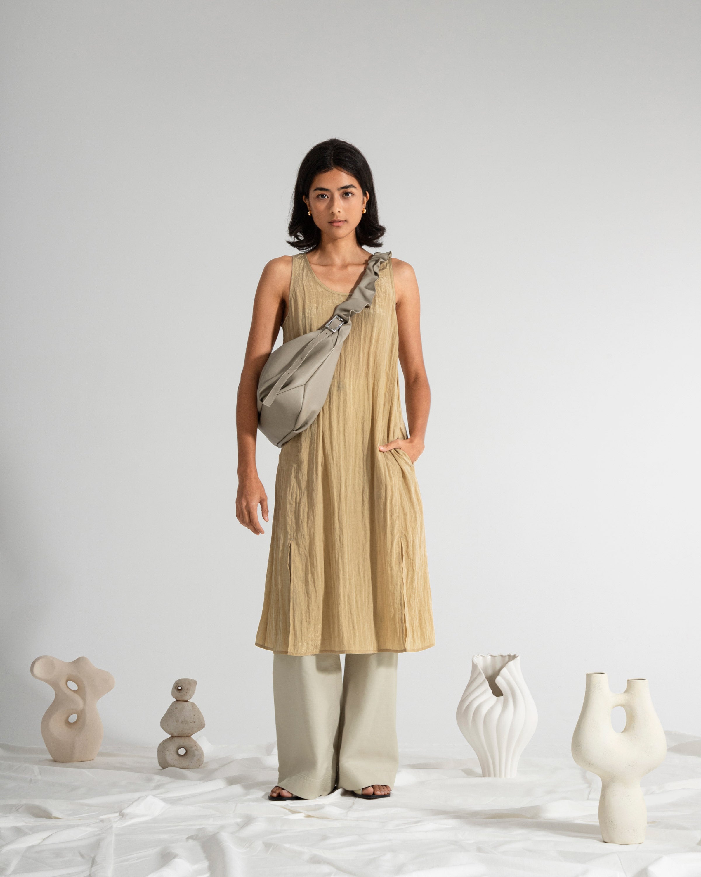 Desert Sand Crinkle Slit DressWomens Sleeveless Long Dress Crinkle Cut Texture Womens Long Dress 