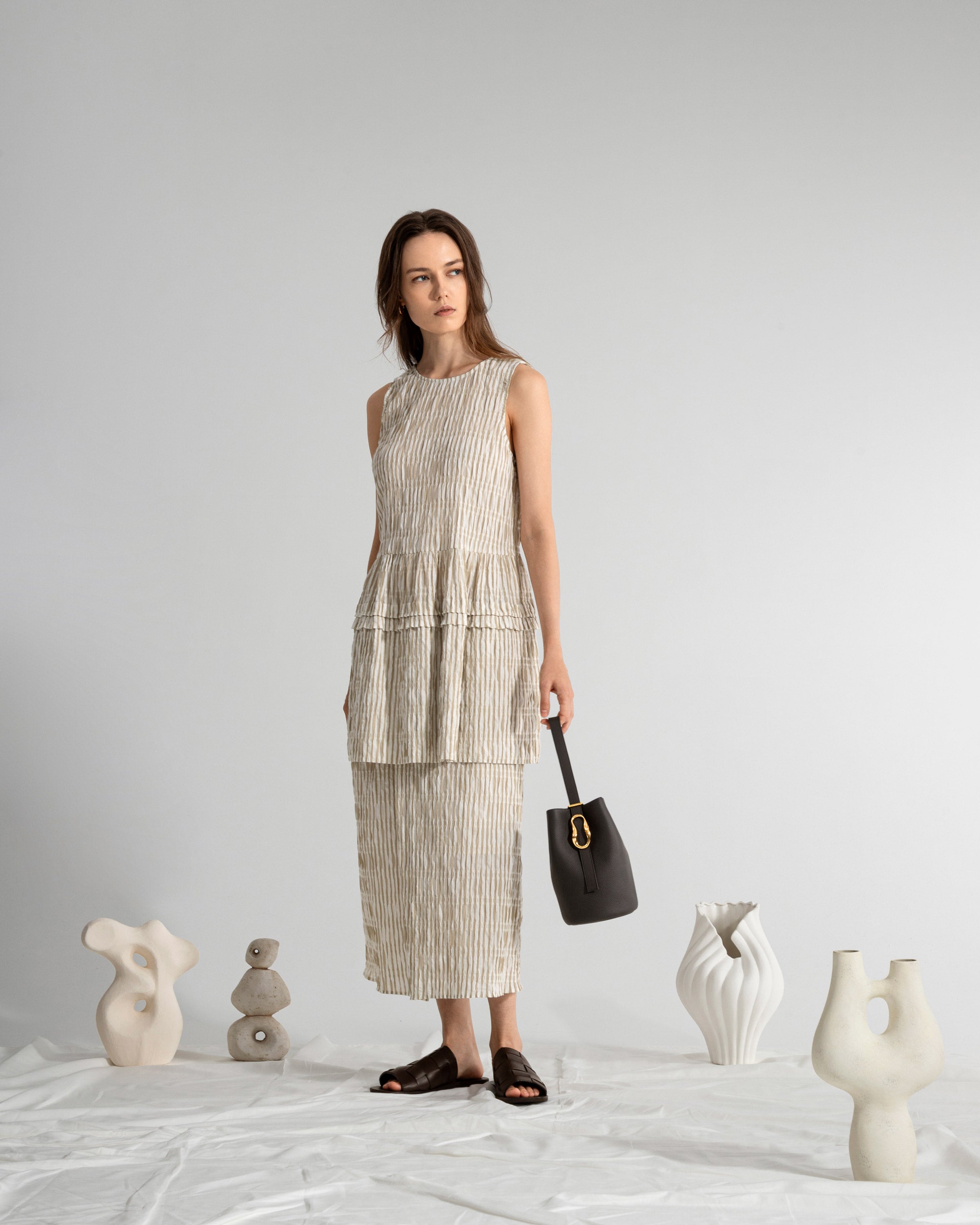 Seedpearl/Desert Sand Stripe Striped Layer Dress Womens Sleeveless Woven Striped Top 