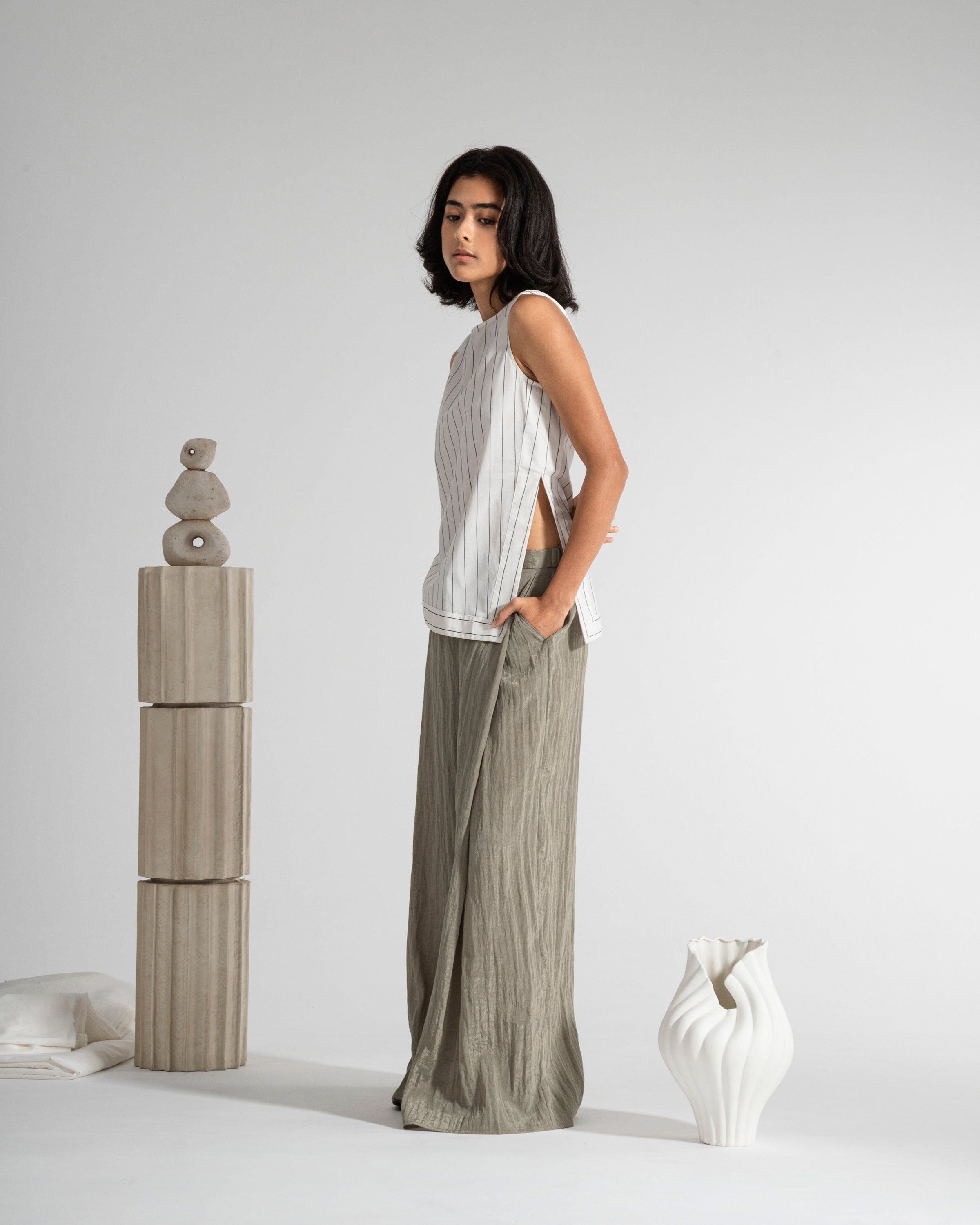 Desert Sage Crinkle Fluid Pants Womens Lightweight Relaxed Fit Elastic Waist Pants 