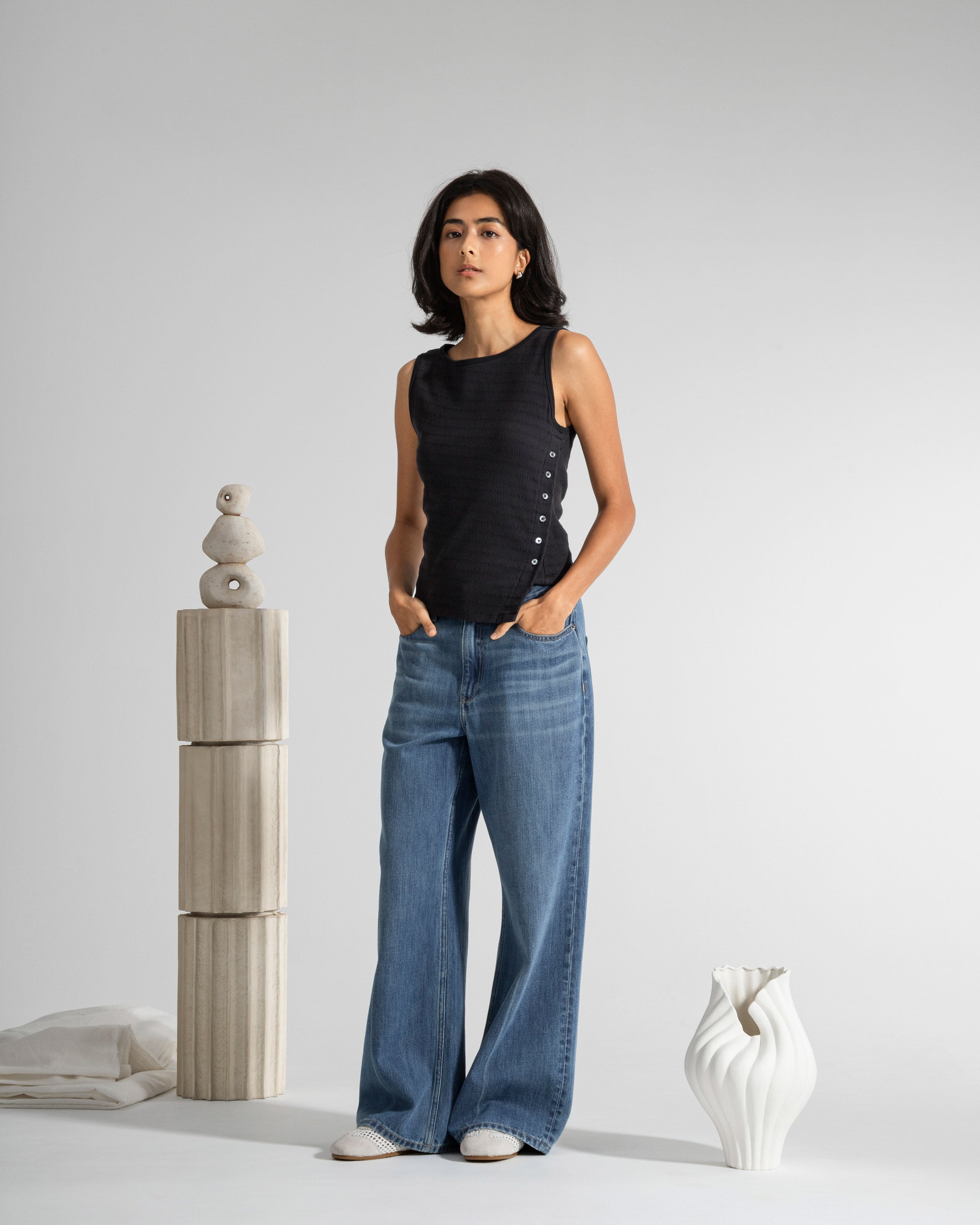 Moonless Night Asymmetric Hem Tank Jacquard Womens Cotton Tank Top Sleeveless Top 