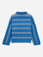 Brilliant Blue Striped Cocoon Cardigan Womens Knit Collared Light Cardigan Striped Pattern 