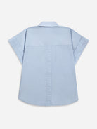 Soft Blue Back Slit SS Shirt Womens Button Up Collared Short Sleeve Shirt Woven Womens Tee 