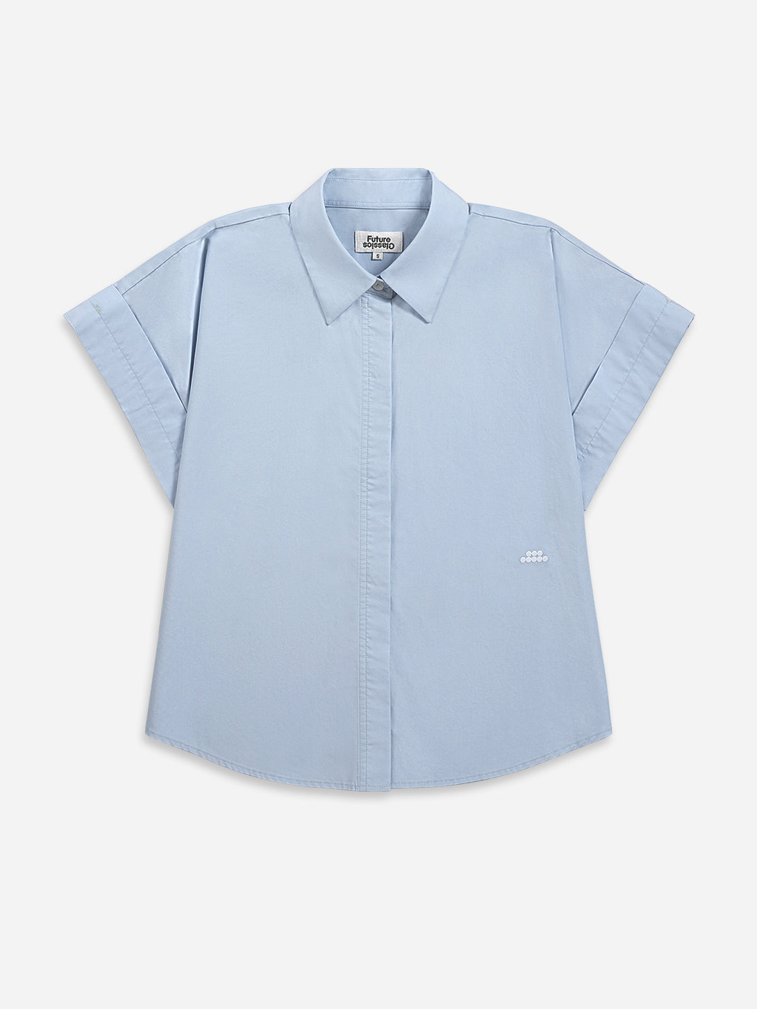 Soft Blue Back Slit SS Shirt Womens Button Up Collared Short Sleeve Shirt Woven Womens Tee 