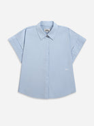 Soft Blue Back Slit SS Shirt Womens Button Up Collared Short Sleeve Shirt Woven Womens Tee 