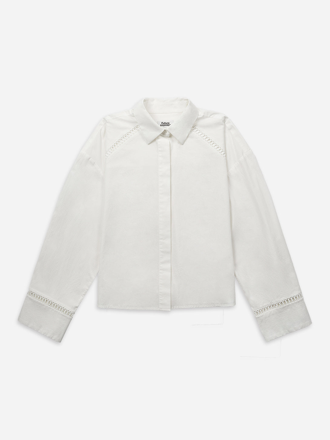 Pure White Stencils Trim Shirt Womens Lightweight Button Up Woven Shirt Collared Long Sleeve 