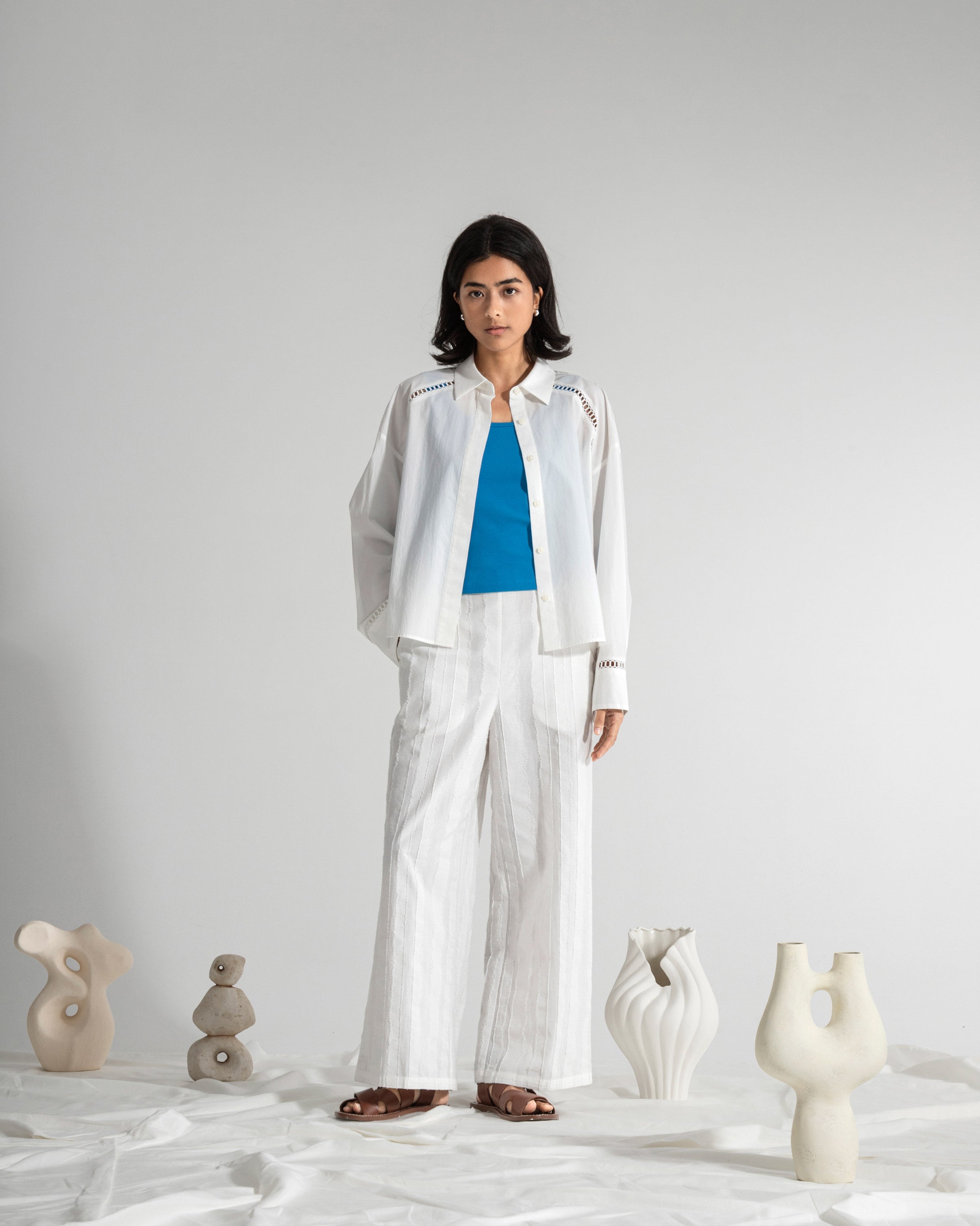 Pure White Stencils Trim Shirt Womens Lightweight Button Up Woven Shirt Collared Long Sleeve 