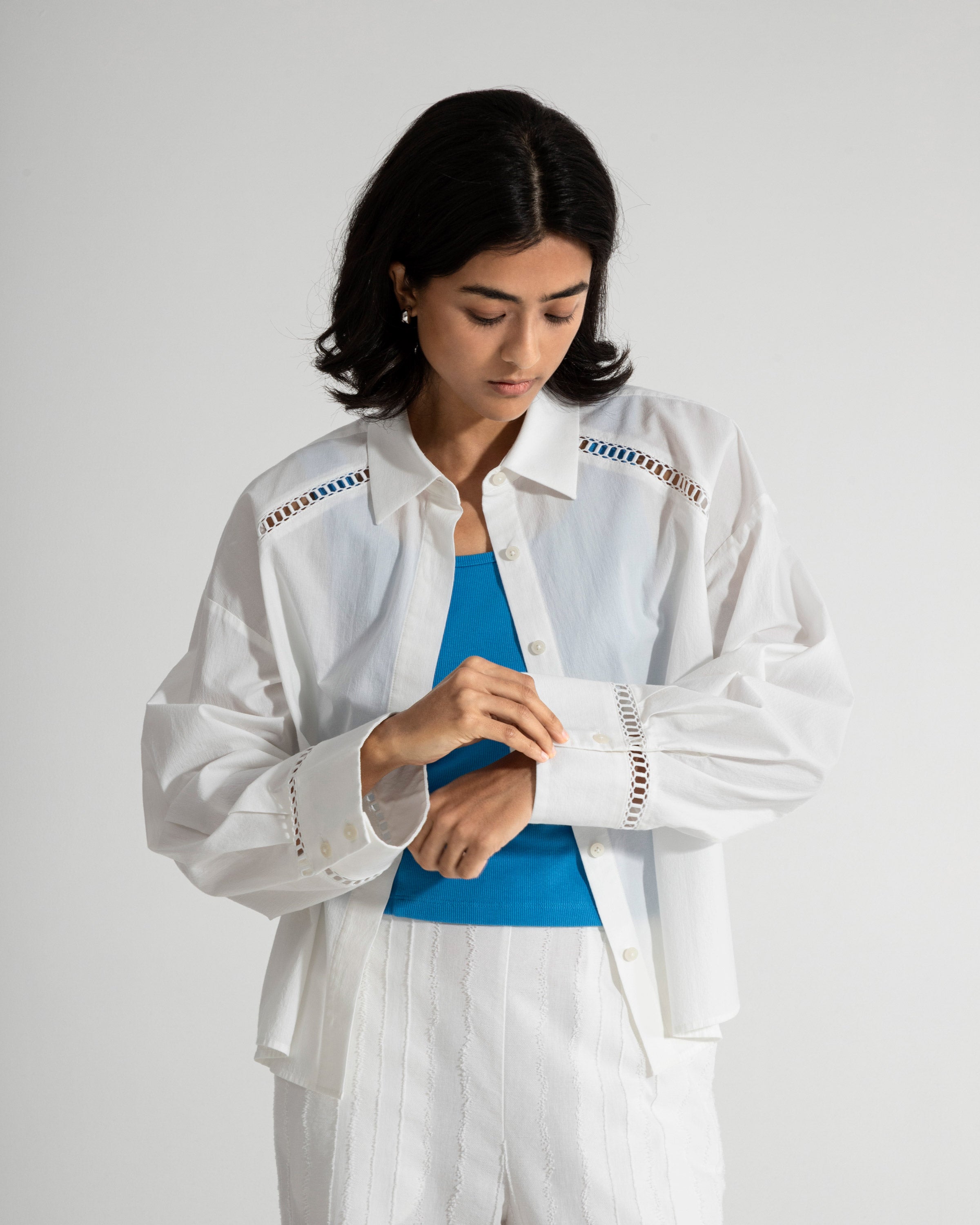 Pure White Stencils Trim Shirt Womens Lightweight Button Up Woven Shirt Collared Long Sleeve 