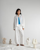 Pure White Stencils Trim Shirt Womens Lightweight Button Up Woven Shirt Collared Long Sleeve 