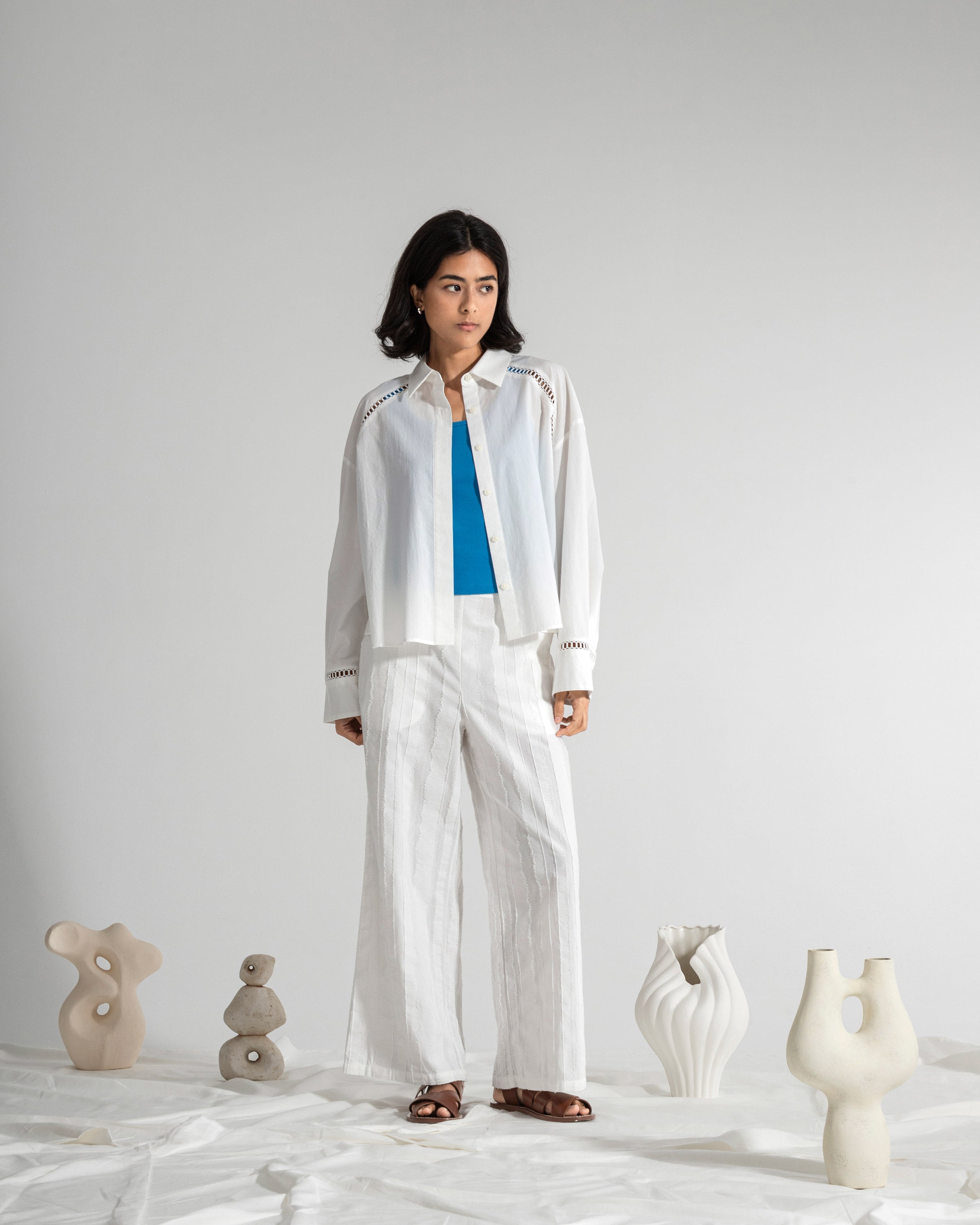 Pure White Stencils Trim Shirt Womens Lightweight Button Up Woven Shirt Collared Long Sleeve 