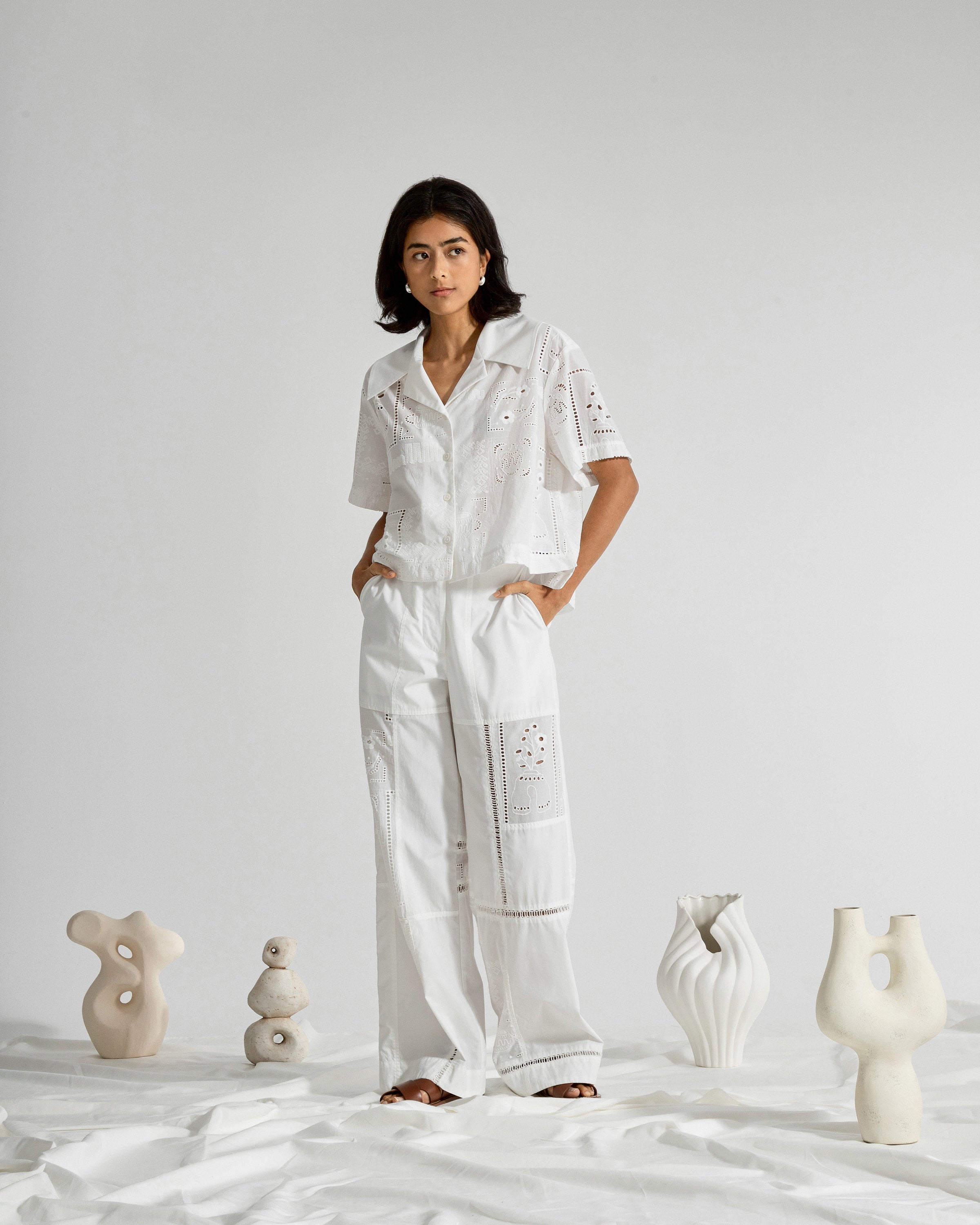 Offwhite Camp Collar Oeuvres Shirt Womens Woven Button Up Collared Shirt Pattern Relaxed Fit Shirt