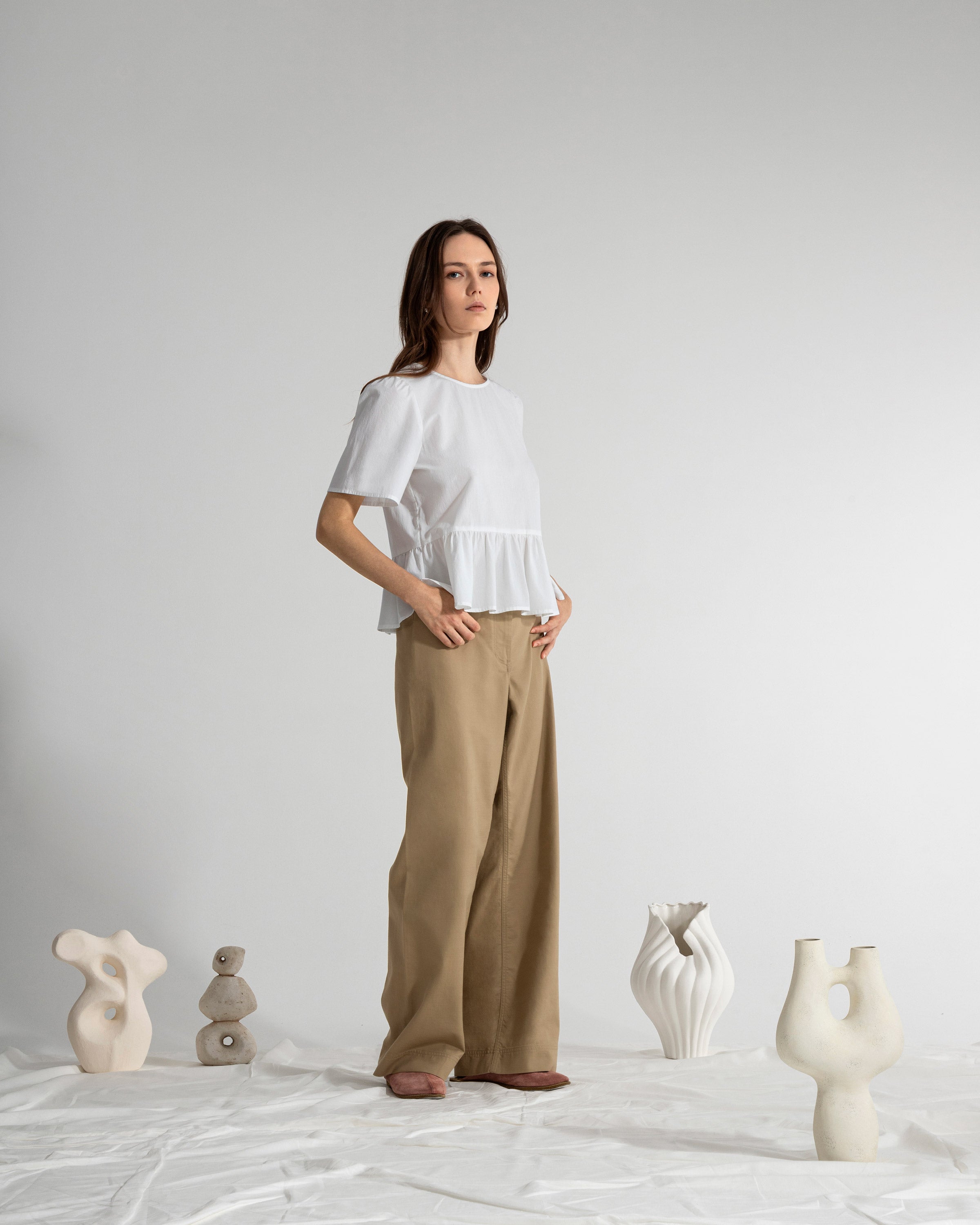 Pure White Puff Sleeves Gathered Blouse Womens Short Sleeve Textured Relaxed Womens Blouse 