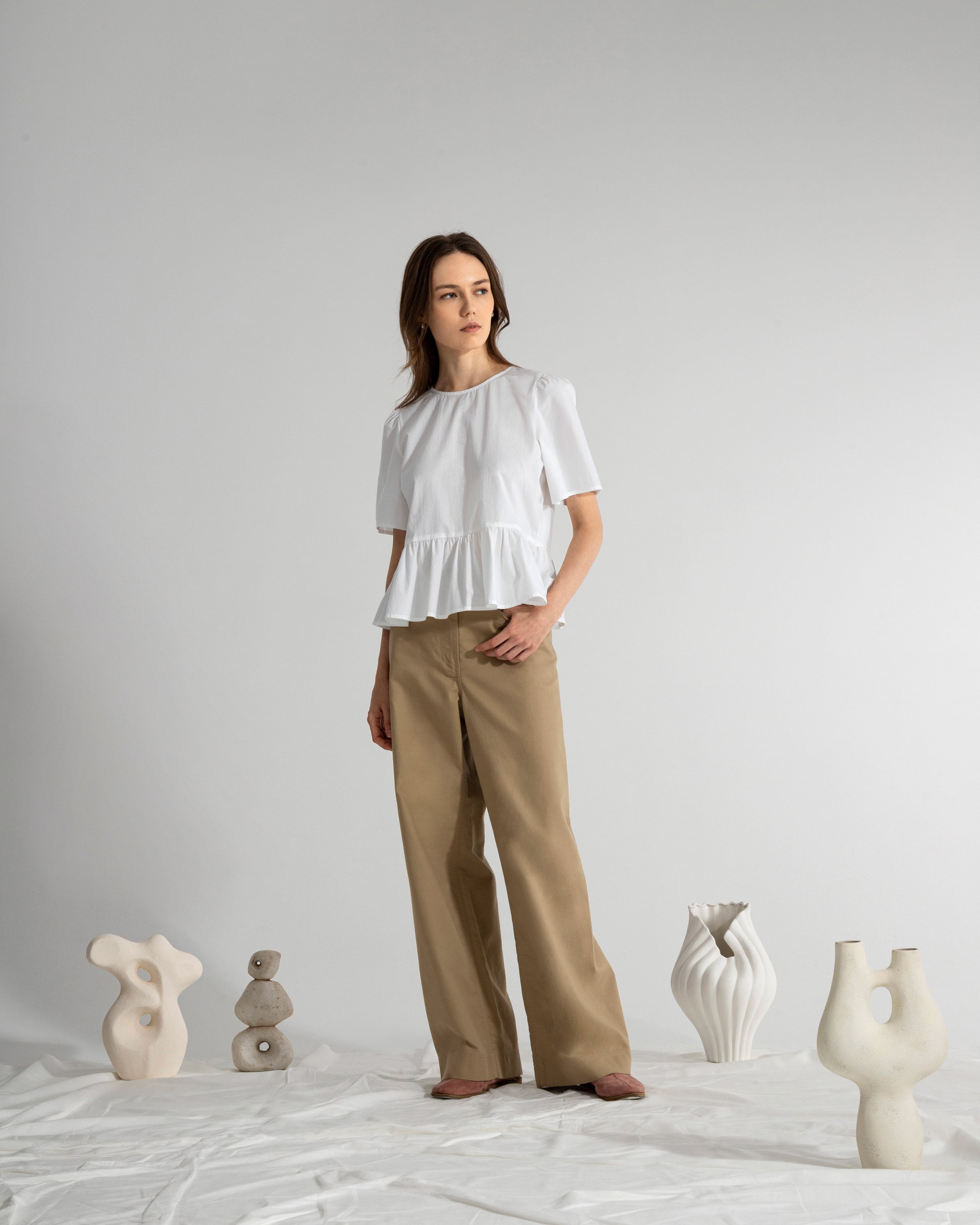 Pure White Puff Sleeves Gathered Blouse Womens Short Sleeve Textured Relaxed Womens Blouse 