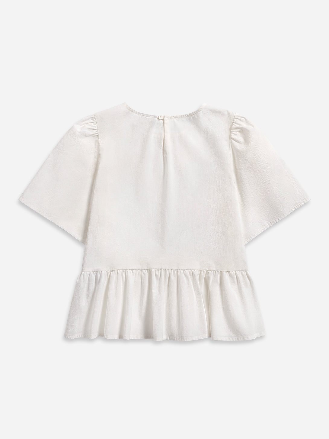 Pure White Puff Sleeves Gathered Blouse Womens Short Sleeve Textured Relaxed Womens Blouse 