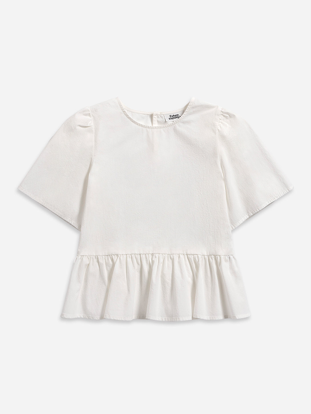 Pure White Puff Sleeves Gathered Blouse Womens Short Sleeve Textured Relaxed Womens Blouse 
