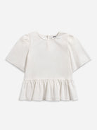 Pure White Puff Sleeves Gathered Blouse Womens Short Sleeve Textured Relaxed Womens Blouse 
