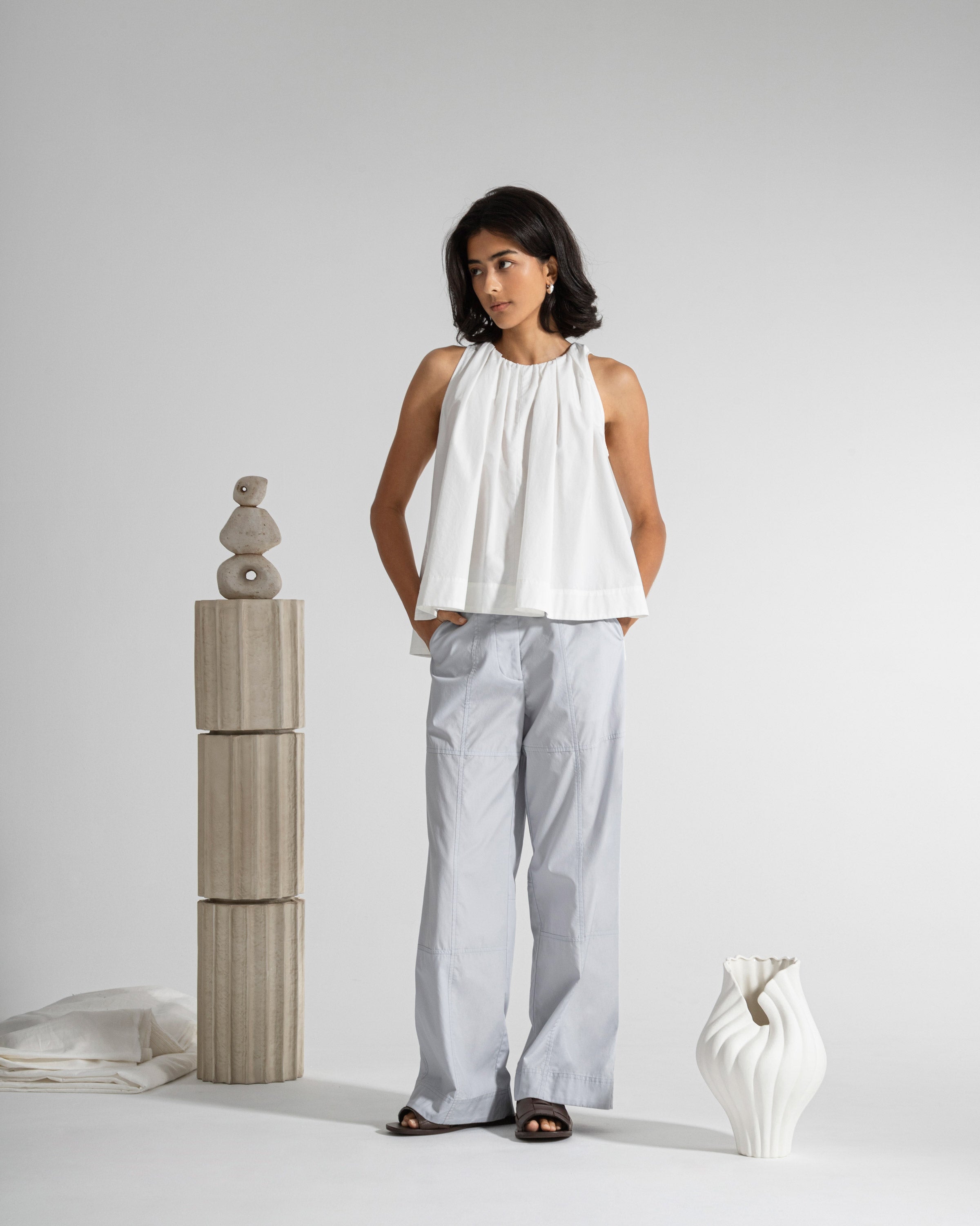 Horizon Blue Patchwork Pants Womens Elastic Waist Wide Leg Light Pants 