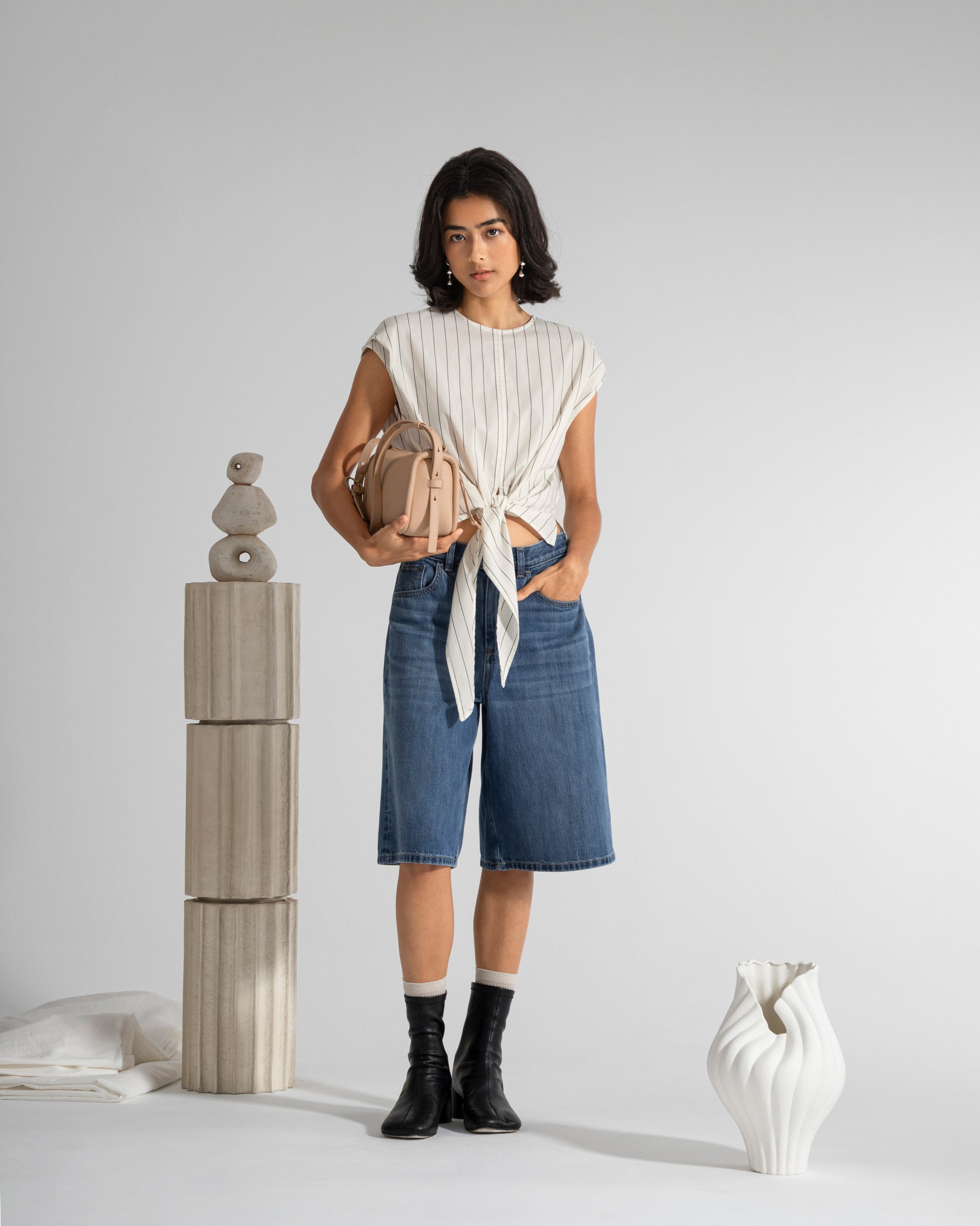 Seedpearl/ Moonless Night Stripe Striped Tie Waist Top Womens Striped Tie Shirt Sleeveless Womens Top 