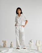 Offwhite Patchwork Oeuvres Pants Womens White Patchwork Cotton Woven Pants Womens Summer Pants 