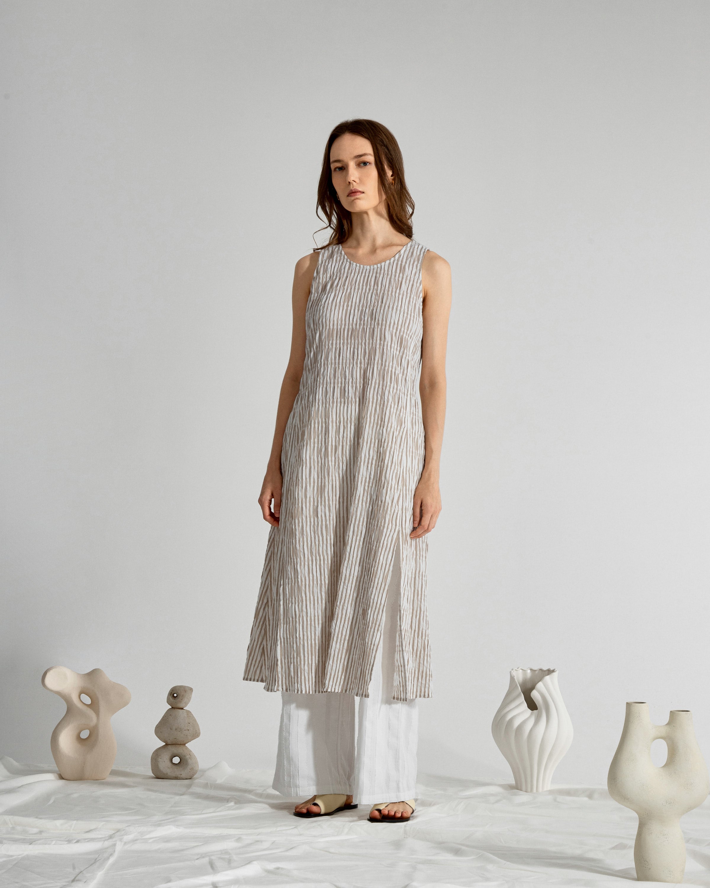 Seedpearl/Desert Sand Stripe Striped Slit Dress Womens Brown Long Dress Sleeveless Striped 