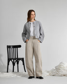 Horizon Blue Womens Crewneck Denim Jacket Button Closure Denim Outerwear Grey Denim Jacket 