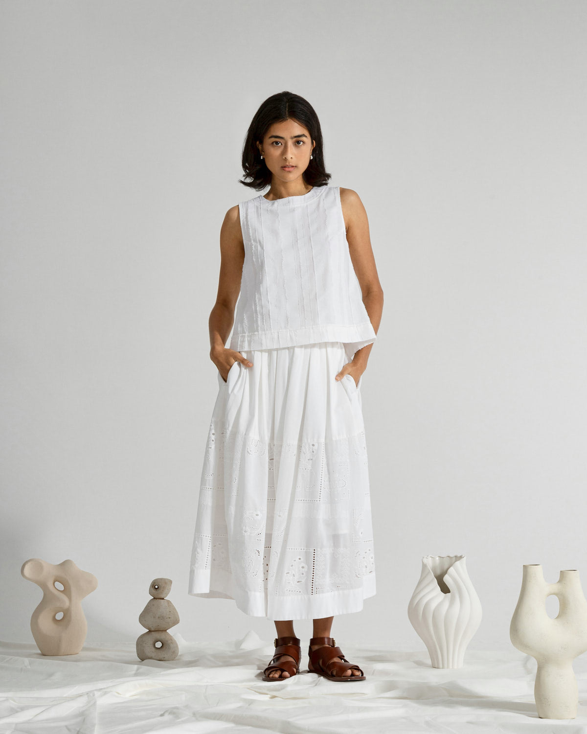 Pure White Stripe Textured A-Vent Tank Womens Textured Sleeveless Tank Top Cropped Woven Shirt 