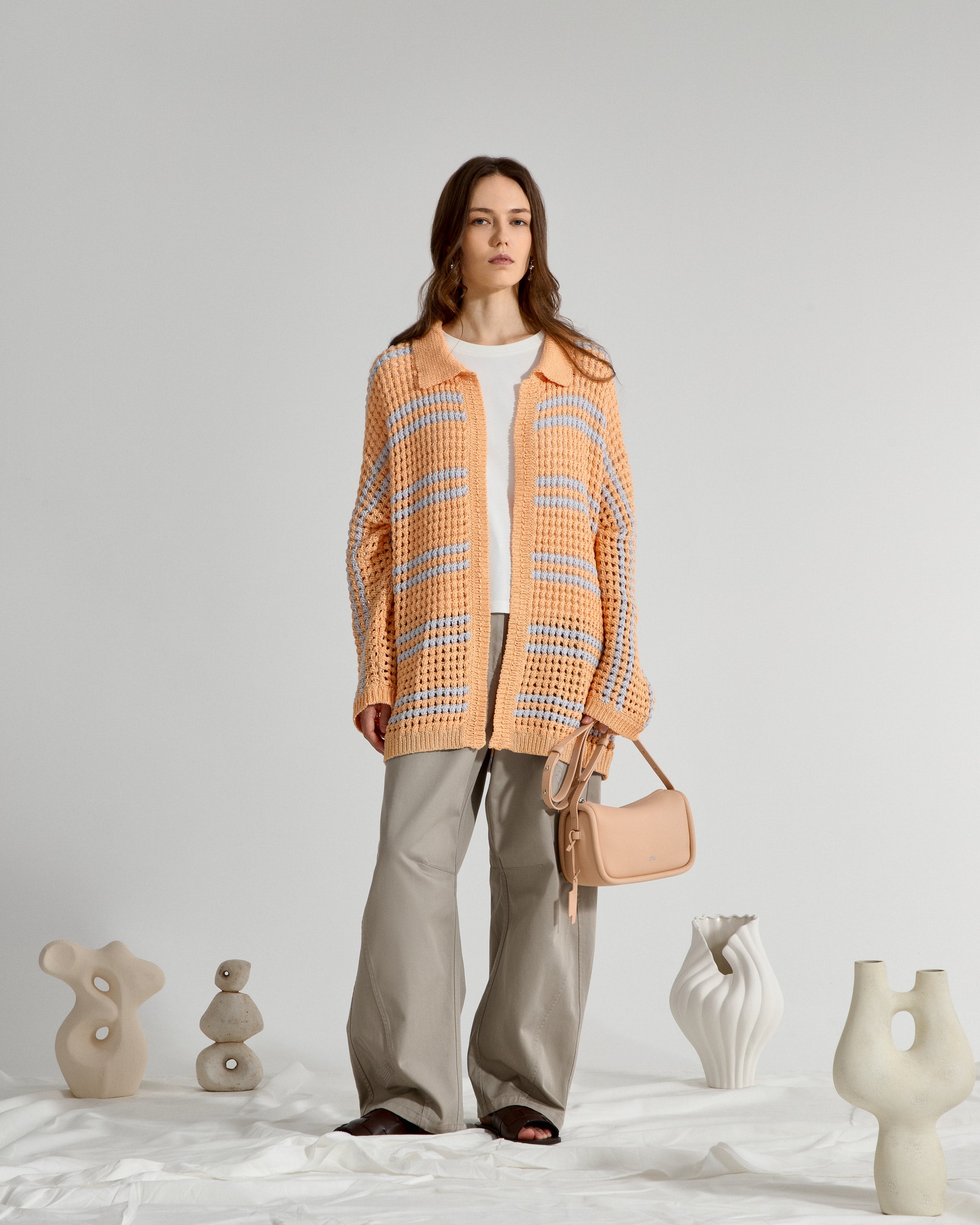 Apricot Stripe Striped Cocoon Cardigan Womens Knit Collared Light Cardigan Striped Pattern 