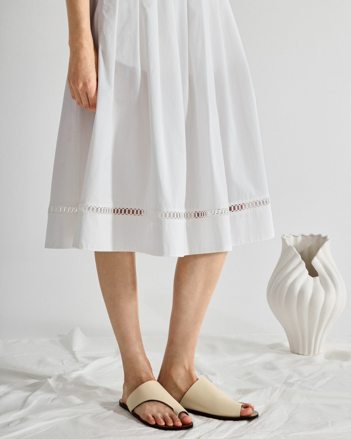 Pure White Pleated Flare Skirt Womens Mid Length Lightweight Skirt Stitch Design