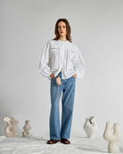 Pure White Band Collar Stencils Shirt Womens Relaxed Fit Band Collar Woven Button Up Shirt 