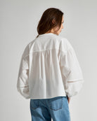 Pure White Band Collar Stencils Shirt Womens Relaxed Fit Band Collar Woven Button Up Shirt 