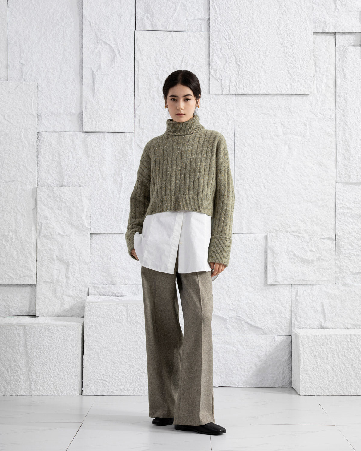 Olive Heather Cuffed Turtleneck Sweater Womens Cropped Knit Turtleneck Sweater Wool Cashmere Sweater Long Sleeve Pullover