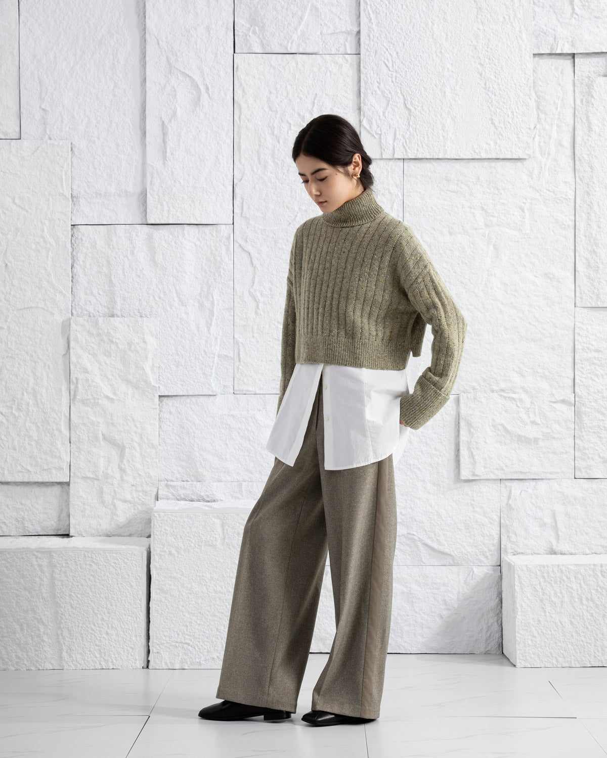Olive Heather Cuffed Turtleneck Sweater Womens Cropped Knit Turtleneck Sweater Wool Cashmere Sweater Long Sleeve Pullover