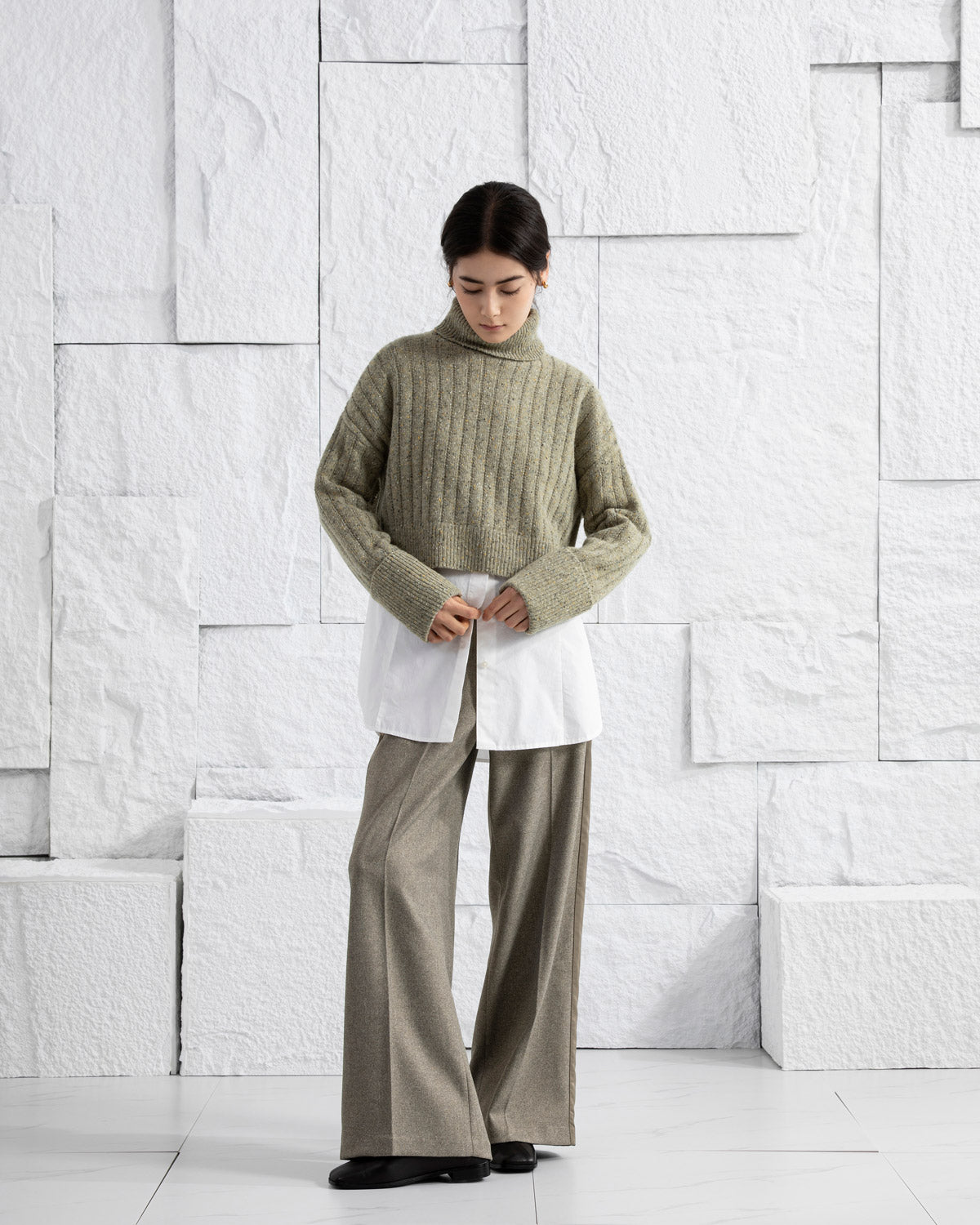 Olive Heather Cuffed Turtleneck Sweater Womens Cropped Knit Turtleneck Sweater Wool Cashmere Sweater Long Sleeve Pullover