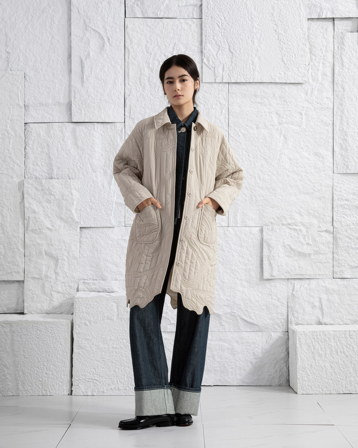 Oatmeal Marble Quilted Coat Womens Long Coat Collared Button Up Outerwear Jacket Womens Patterned Quilted Coat 