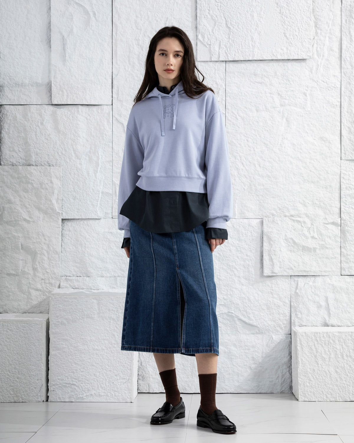 Mid Indigo Panel Denim Skirt Womens Long Skirt Denim Skirt Zip Closure Washed Denim Skirt 