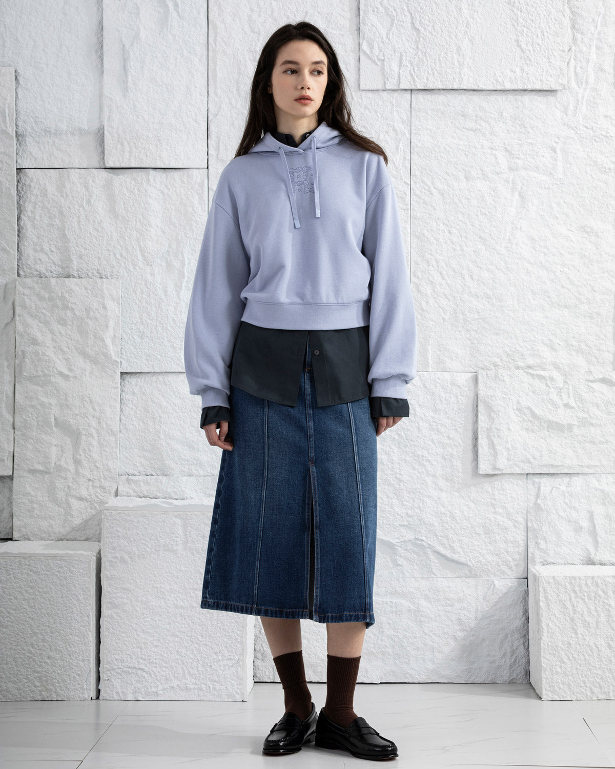 Mid Indigo Panel Denim Skirt Womens Long Skirt Denim Skirt Zip Closure Washed Denim Skirt 