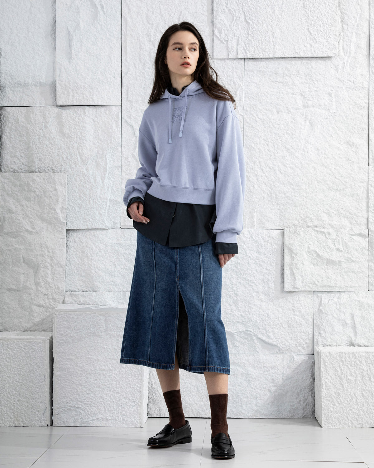 Mid Indigo Panel Denim Skirt Womens Long Skirt Denim Skirt Zip Closure Washed Denim Skirt 