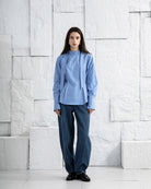 Mid Indigo Structured Barrel Jeans Womens Tapered Fit Jeans Dark Denim Wash Mid Indigo Denim Pants 