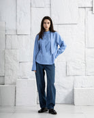 Mid Indigo Structured Barrel Jeans Womens Tapered Fit Jeans Dark Denim Wash Mid Indigo Denim Pants 