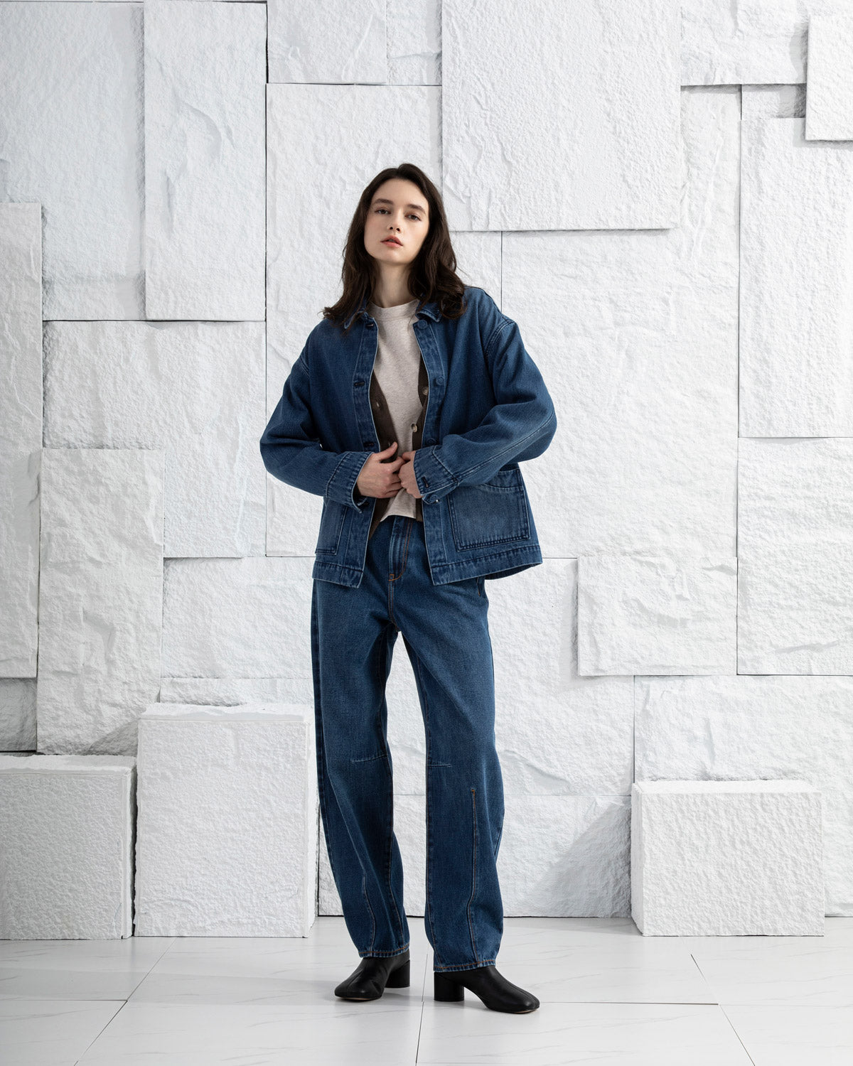 Mid Indigo Denim Worker Jacket Womens Chore Jacket Unlined Womens Coat Denim Collared Jacket 