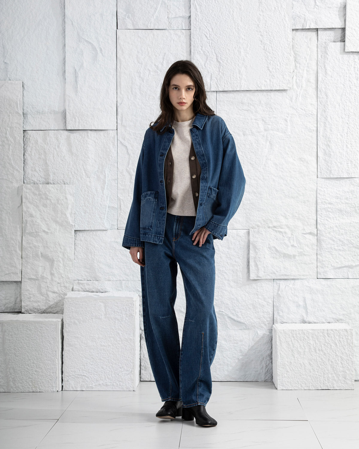 Mid Indigo Denim Worker Jacket Womens Chore Jacket Unlined Womens Coat Denim Collared Jacket 