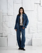 Mid Indigo Denim Worker Jacket Womens Chore Jacket Unlined Womens Coat Denim Collared Jacket 