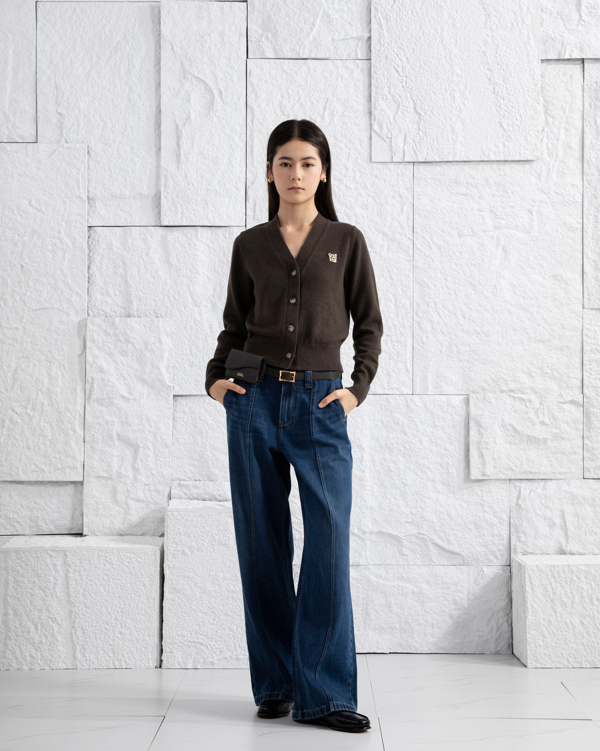 Mid Indigo Panel Jeans Womens Dark Wash Wide Leg Jeans Contrast Denim Wash Indigo