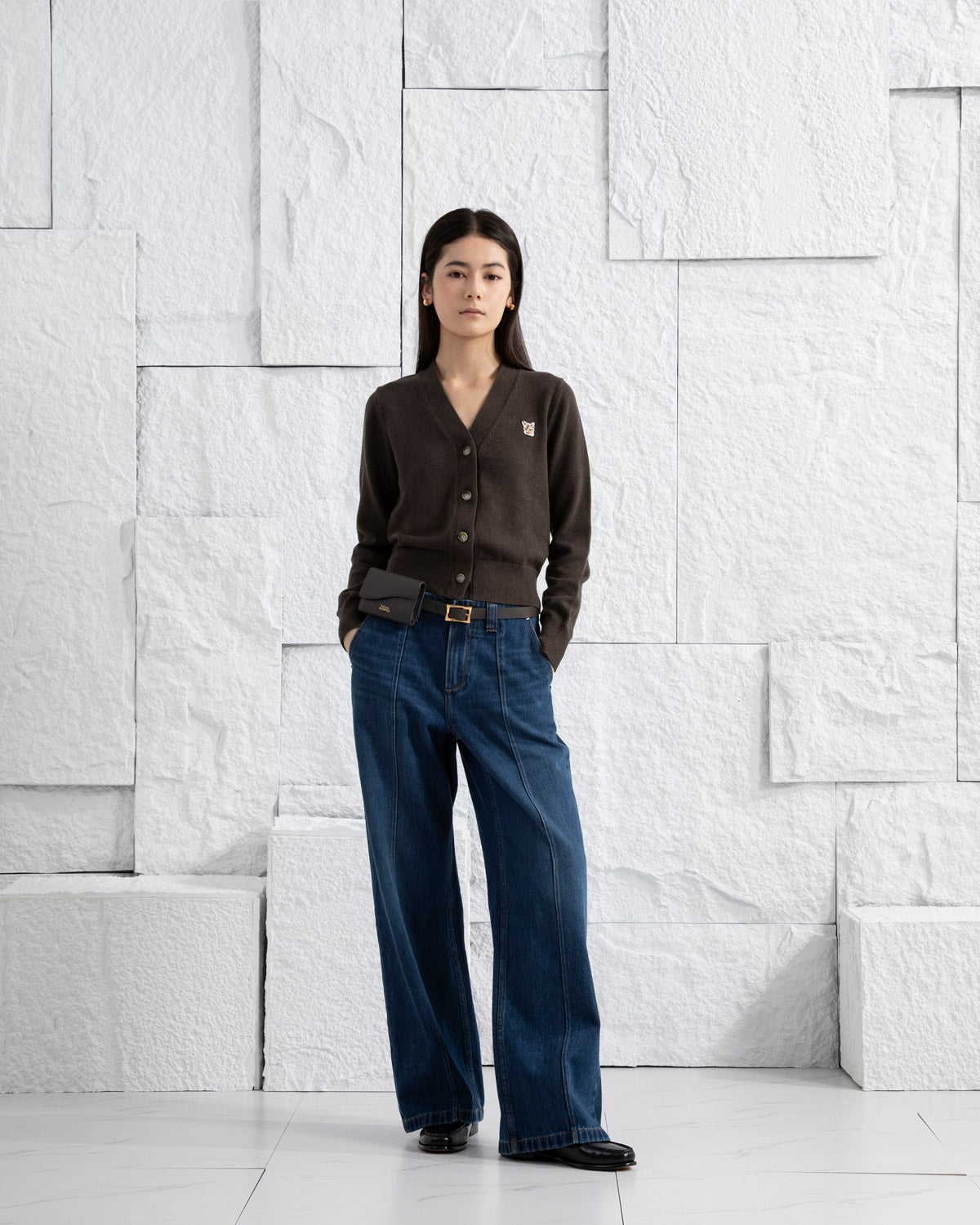 Mid Indigo Panel Jeans Womens Dark Wash Wide Leg Jeans Contrast Denim Wash Indigo
