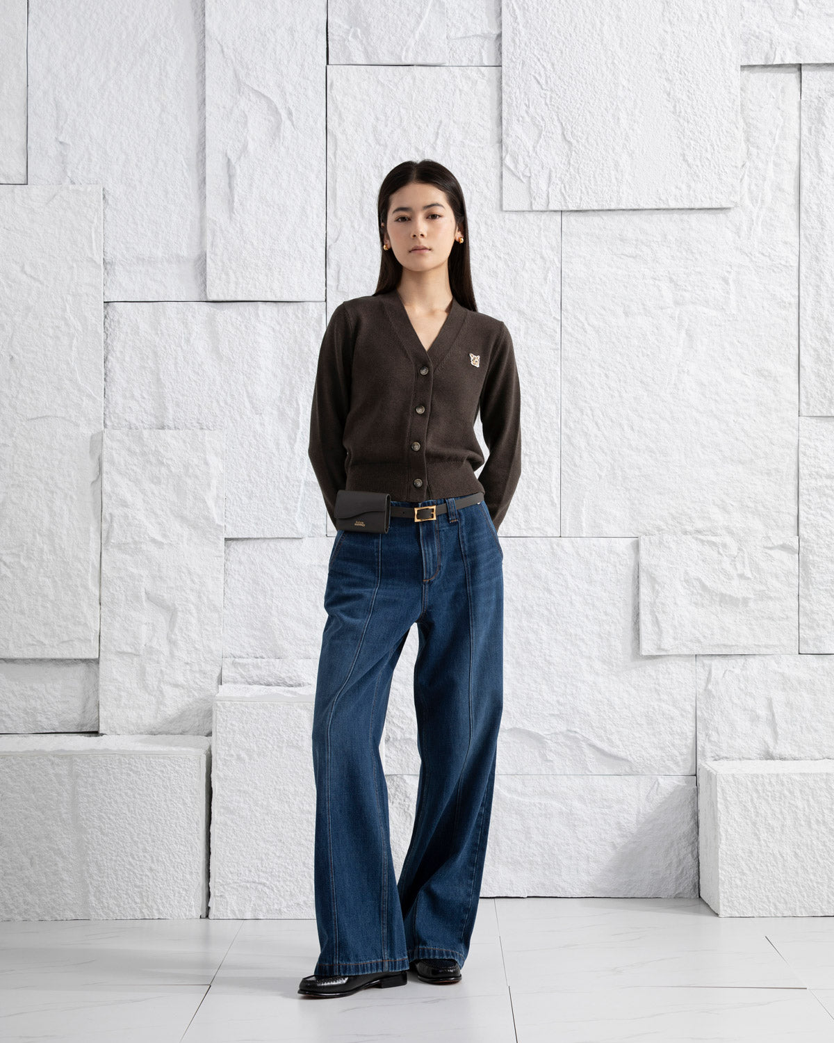 Mid Indigo Panel Jeans Womens Dark Wash Wide Leg Jeans Contrast Denim Wash Indigo