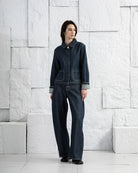 Dk Indigo Rinse Wash Round Jeans Womens Wide Leg Dark Denim Wash Jeans Button Up Closure High Waisted Denim 
